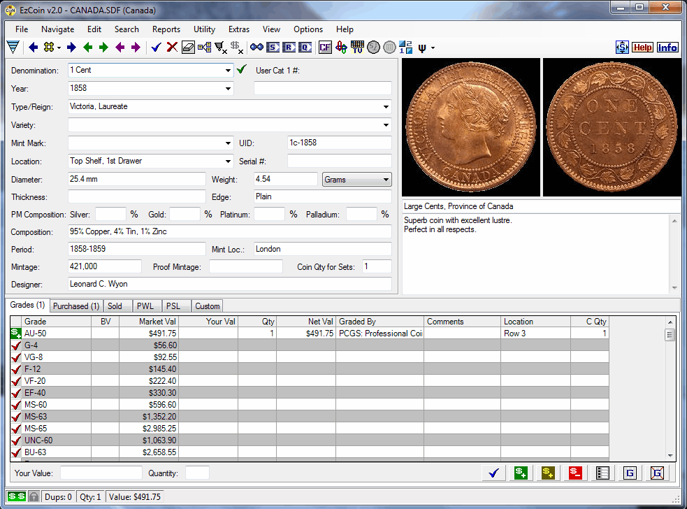 EzCoin USA Coin Collecting Software - Main Entry Screen