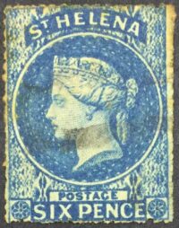 St. Helena Sc# 2B — blue six pence Queen Victoria stamp, 'ST HELENA' above and 'POSTAGE SIX PENCE' below