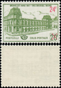 Belgium Q378 MNH-VF — parcel post stamp, green, "BRUXELLES NORD 1861-1954 BRUSSEL NOORD" station view with "POSTCOLLI / COLIS POSTAUX", red 24F surcharge over crossed-out 20F; front and gummed back shown