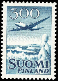 Finland Sc C4 XF-MH — blue stamp showing an airliner flying over a coastline, denomination 300, inscribed SUOMI FINLAND