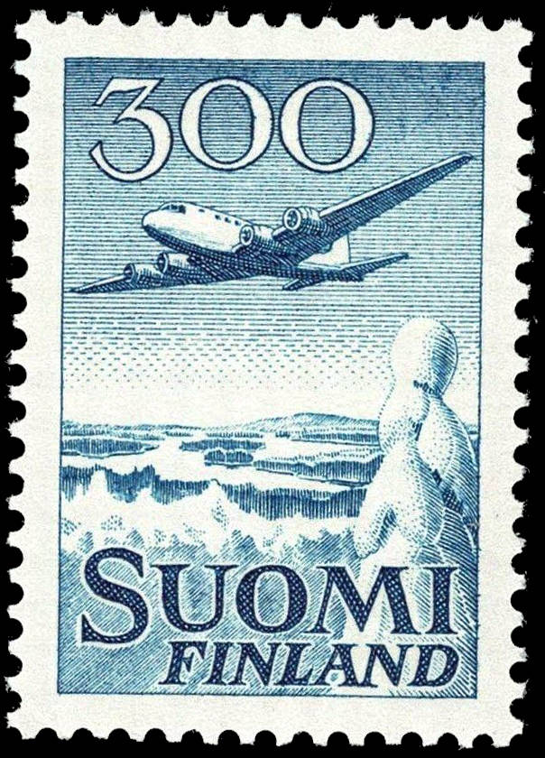 Finland Sc C4 XF-MH — blue stamp showing an airliner flying over a coastline, denomination 300, inscribed SUOMI FINLAND